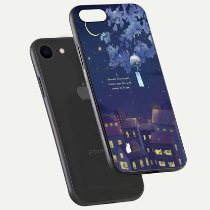 Moonlit Cat Silence Glass Case for iPhone 7 floating dual-view mockup showing gloss reflection and moon art