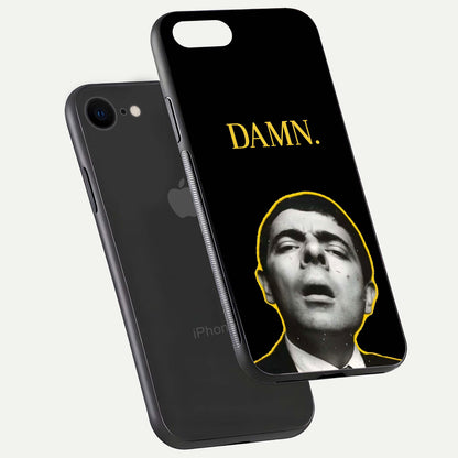 Mr Bean Damn Glass Case for iPhone 7 floating dual-view mockup showing reflective gloss and vivid tones