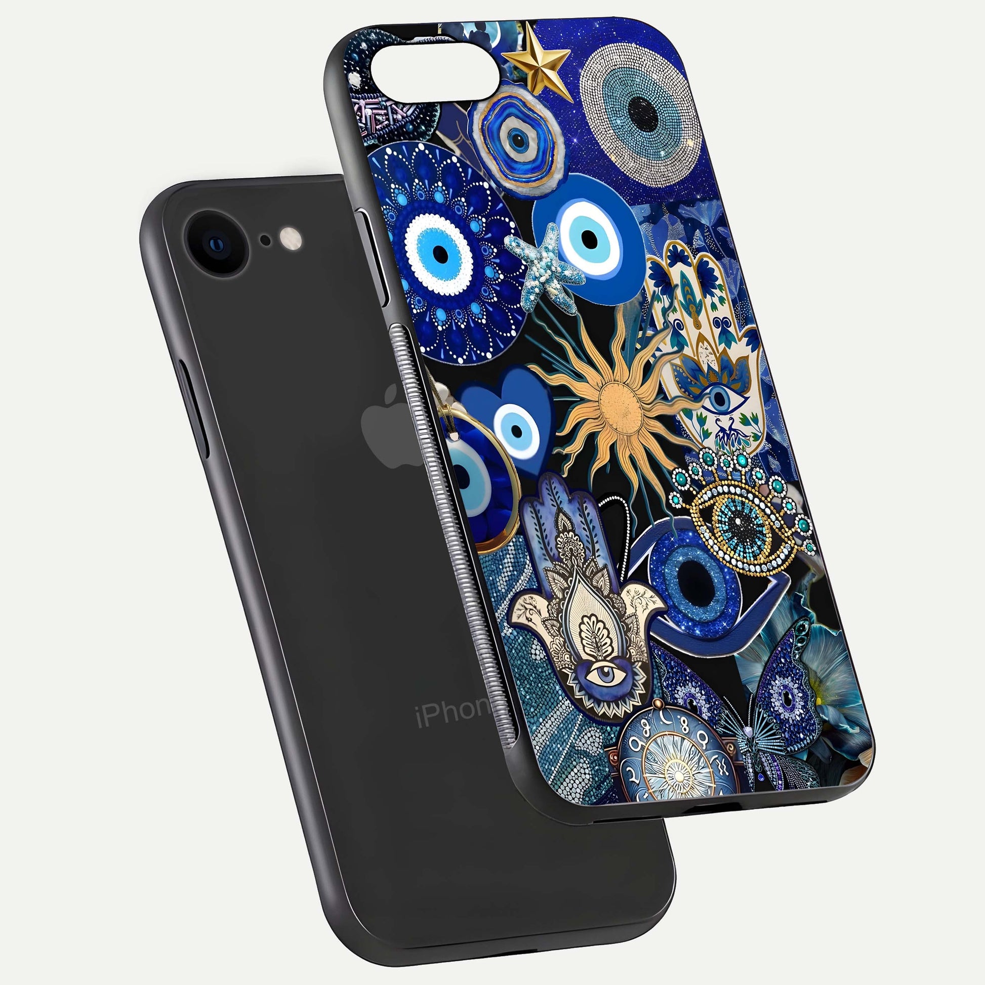 Mystic Blue Evil Eye Glass Case for iPhone 7 floating dual-view mockup showing gloss depth and sacred symbol