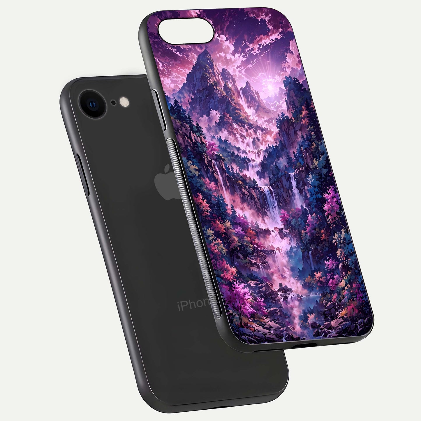 Mystic Cascade Peaks Glass Case for iPhone 7 floating dual-view mockup showing gloss texture and depth