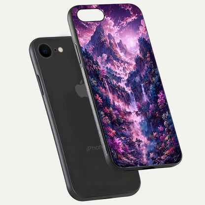 Mystic Cascade Peaks Glass Case for iPhone 7 floating dual-view mockup showing gloss texture and depth
