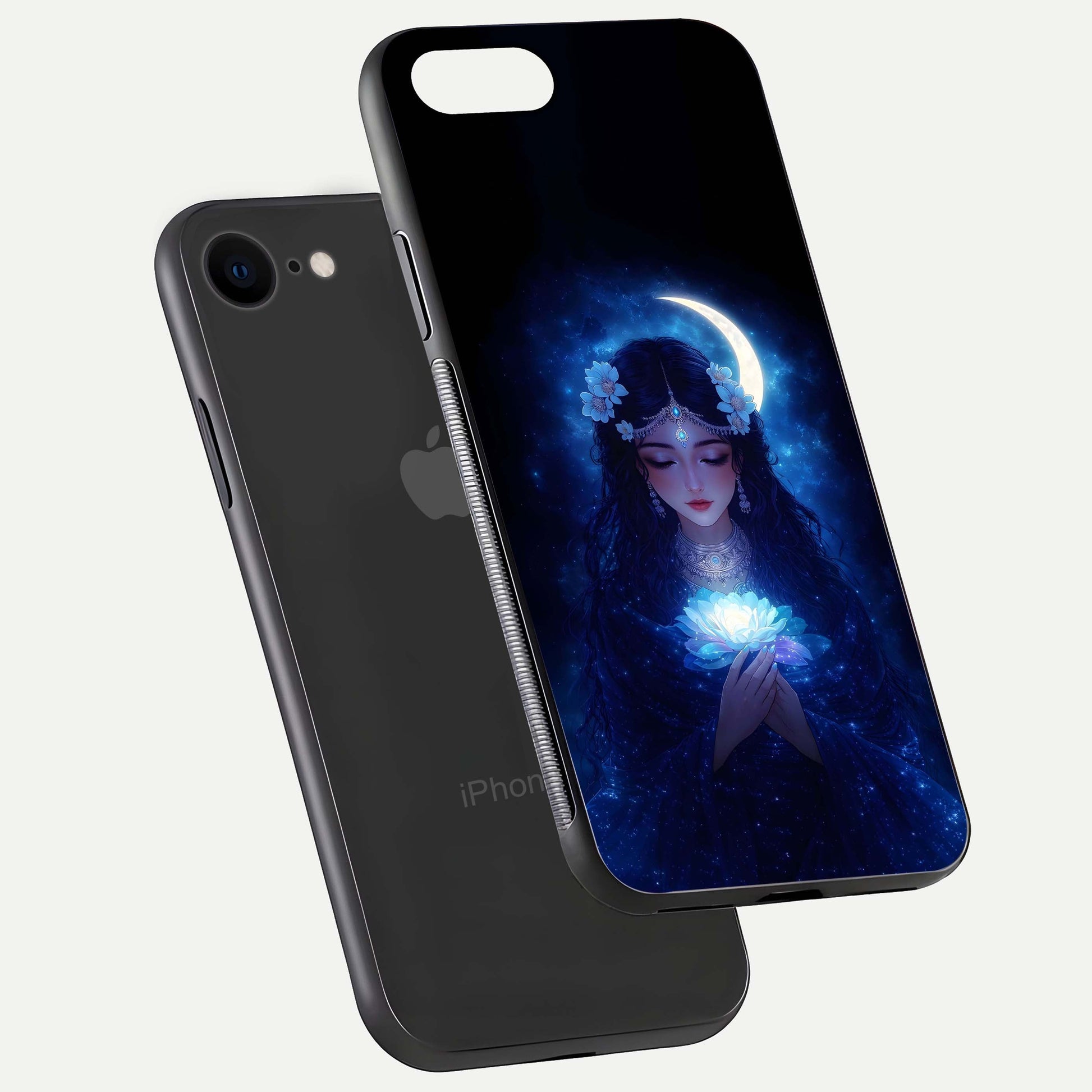 Mystic Moon Queen Glass Case for iPhone 7 floating dual-view mockup showing HD gloss and cosmic glow