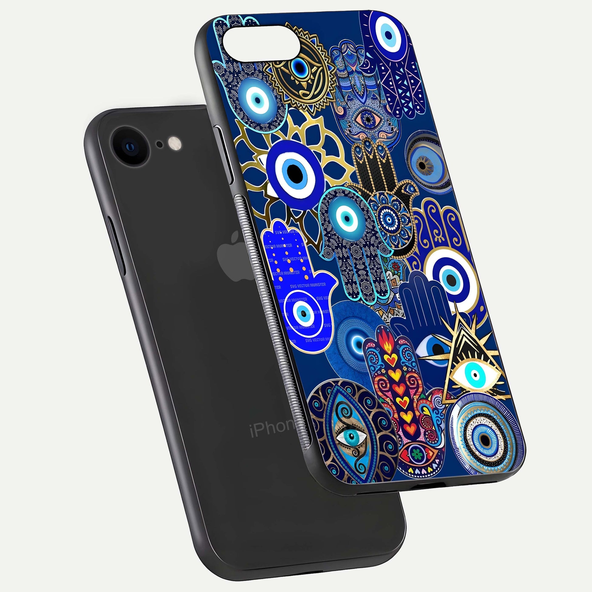 Mystic Palm Guard Glass Case for iPhone 7 floating dual-view mockup showing HD reflection and vivid tone