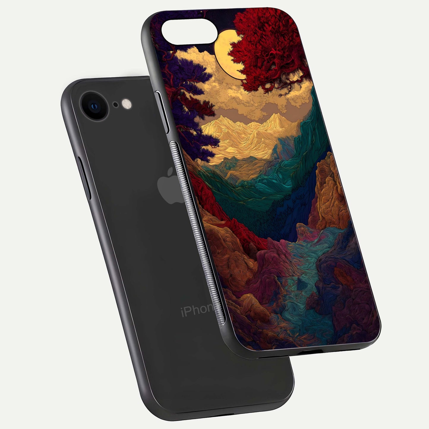 Mystic Valley Light Glass Case for iPhone 7 floating dual-view mockup showing HD gloss and light blend
