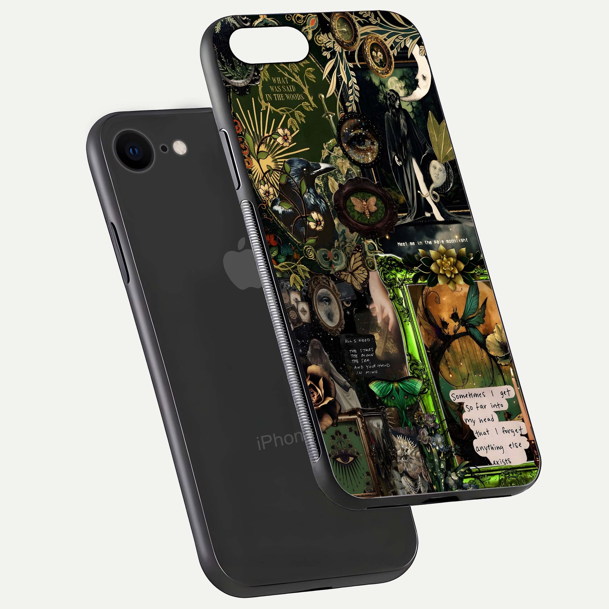 Mystic Woods Secret Glass Case for iPhone 7 floating dual-view mockup showing HD shine and depth