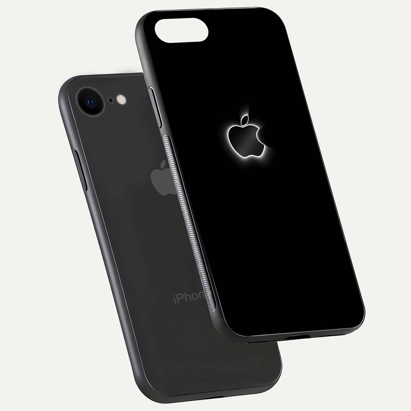 Neon Apple Glow Glass Case for iPhone 7 floating dual-view mockup showing HD shine and modern look