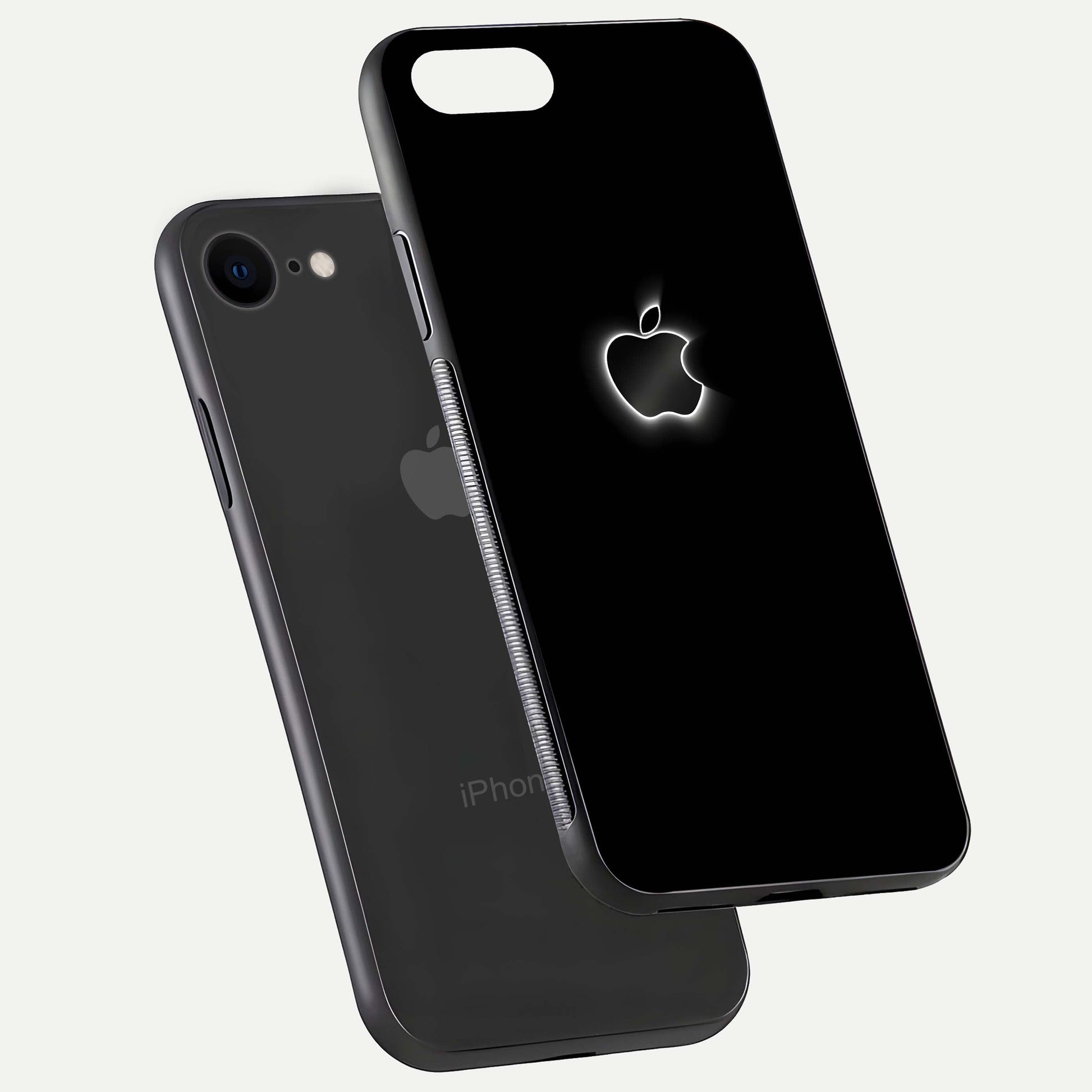 Neon Apple Glow Glass Case for iPhone 7 floating dual-view mockup showing HD shine and modern look