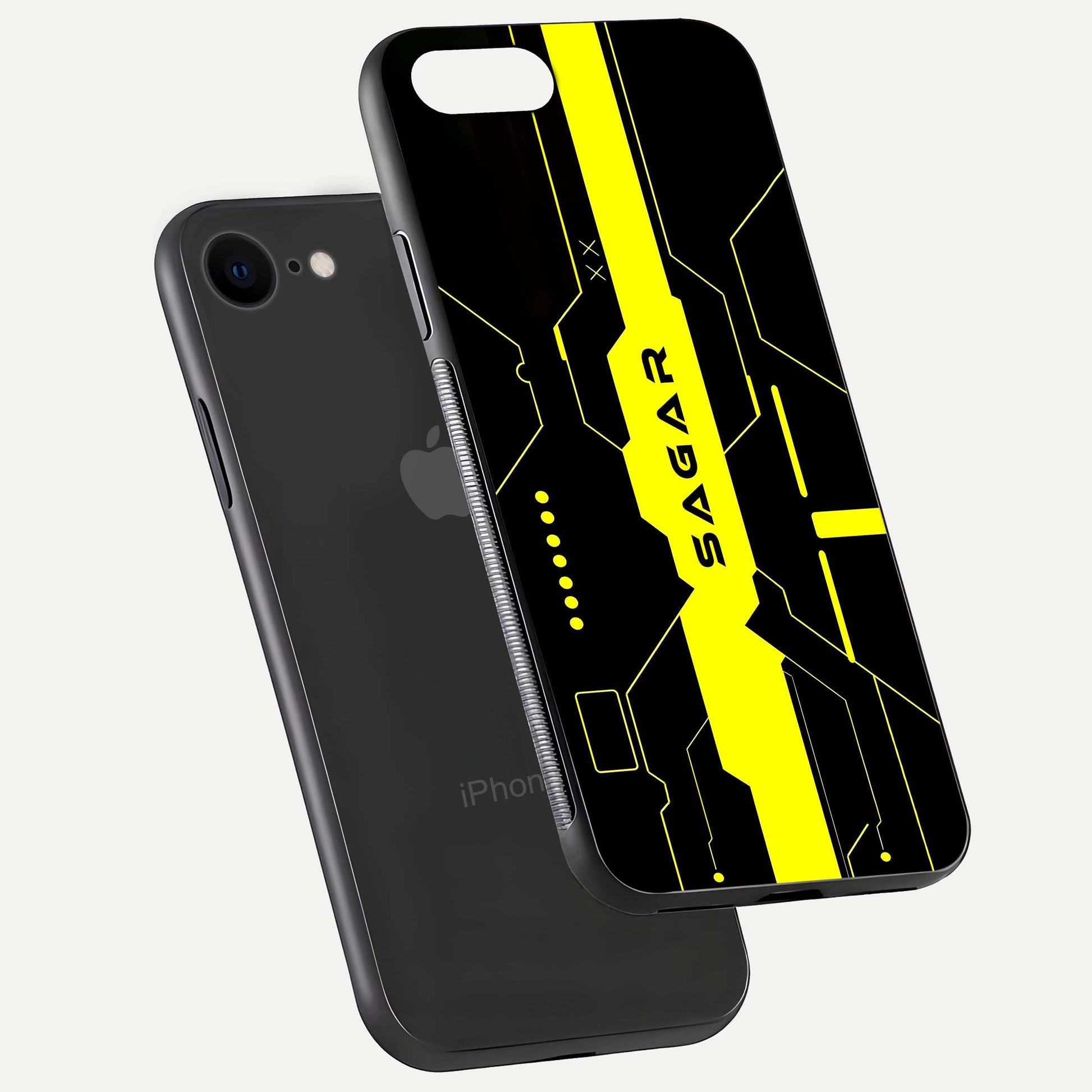 Neon CYBERPUNK Custom Name Glass Case for iPhone 7 floating dual-view mockup showing HD shine and neon lines