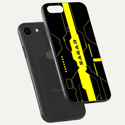Neon CYBERPUNK Custom Name Glass Case for iPhone 7 floating dual-view mockup showing HD shine and neon lines