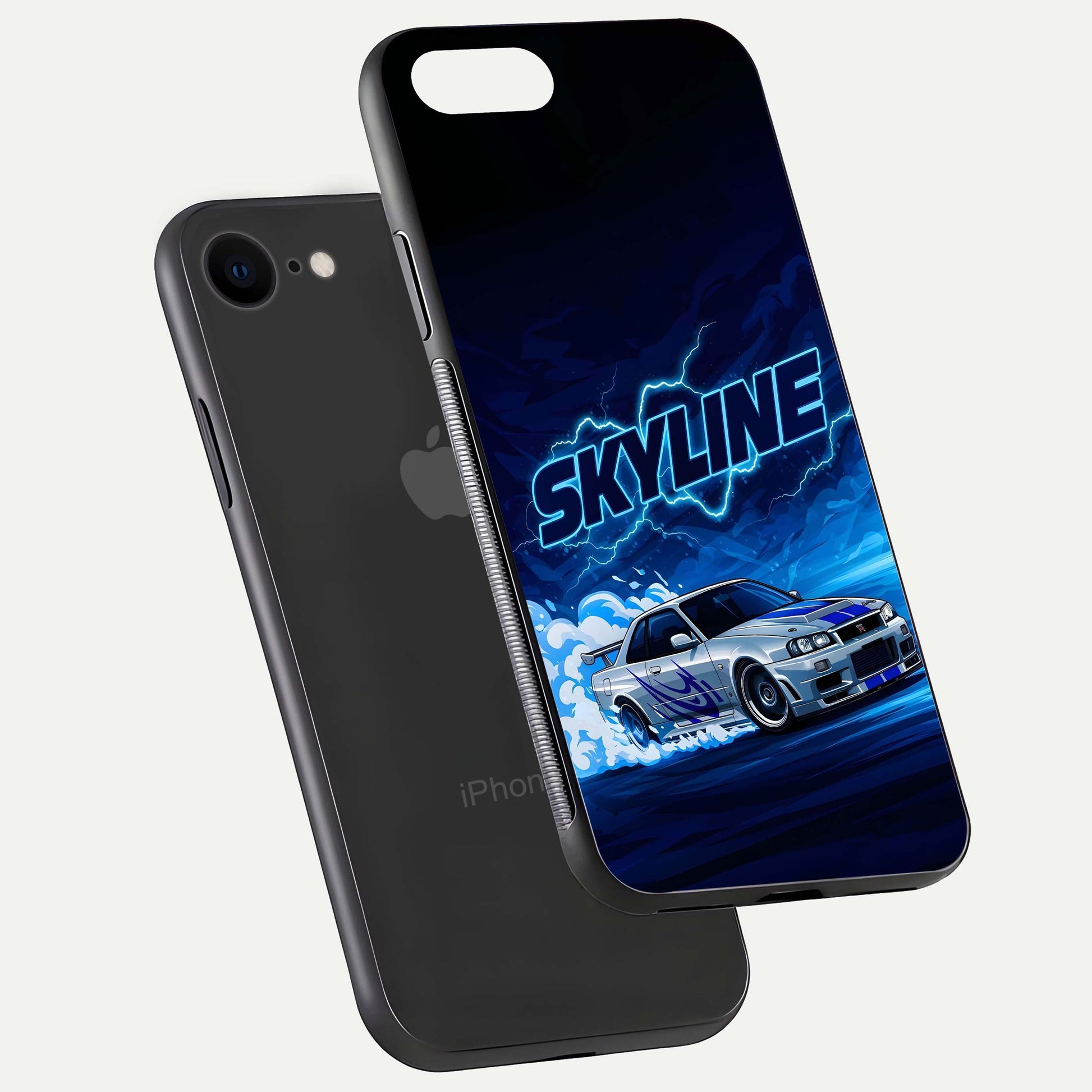 Neon Drift Beast Glass Case for iPhone 7 floating dual-view mockup showing gloss texture and motion glow