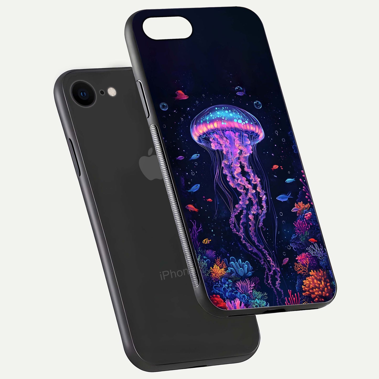Neon Jellyfish Glass Case for iPhone 7 floating dual-view mockup showing gloss texture and underwater glow