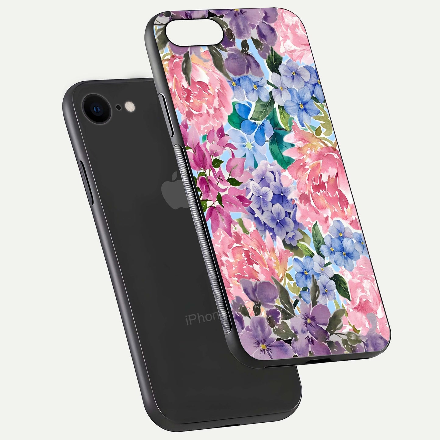 Pastel Floral Mix Glass Case for iPhone 7 floating dual-view mockup showing HD gloss and floral texture