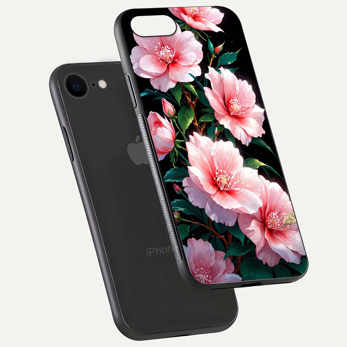Peach Flower Glass Case for iPhone 7 floating dual-view mockup displaying shine and delicate flower art