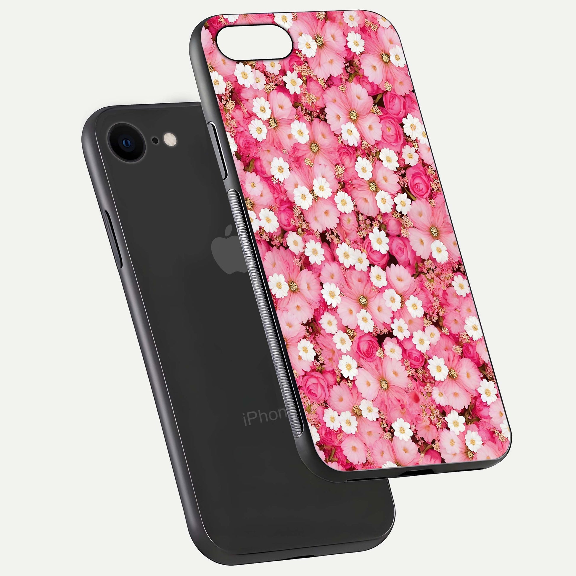 Pink Daisy Bliss Glass Case for iPhone 7 floating dual-view mockup displaying gloss shine and pastel tones