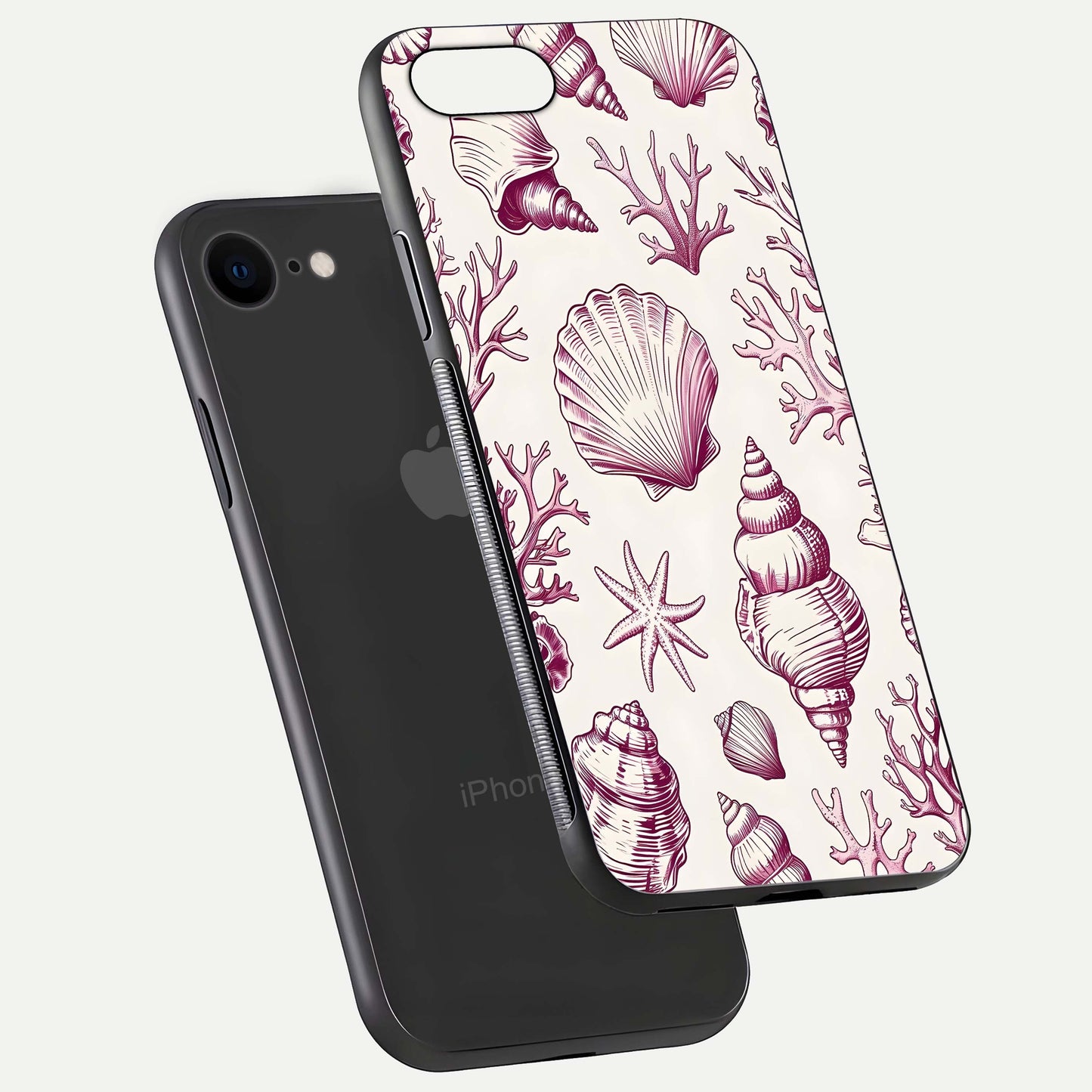 Pink Shells Outline Glass Case for iPhone 7 floating dual-view mockup displaying gloss and ocean vibe