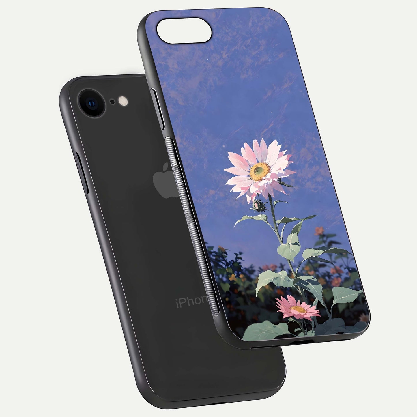 Pink Sunflower Glow Glass Case for iPhone 7 floating dual-view mockup showing gloss reflection and design depth