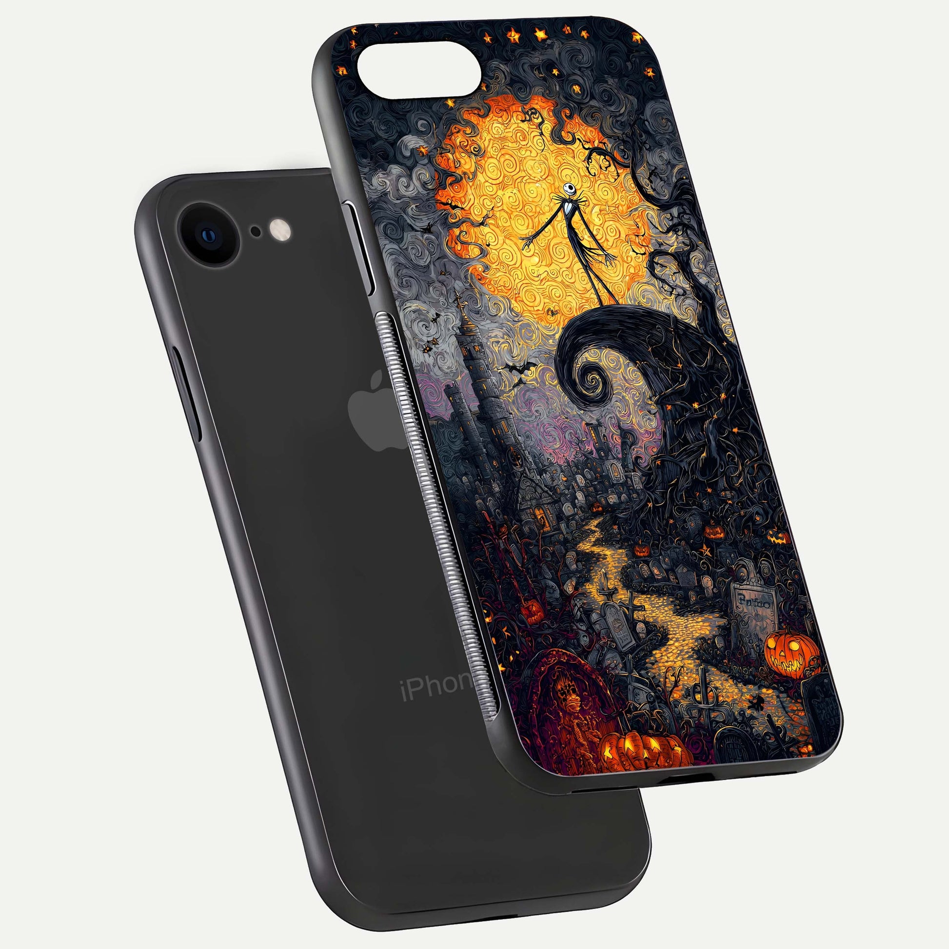 Pumpkin Moon Night Glass Case for iPhone 7 floating dual-view mockup showing HD gloss and spooky detail