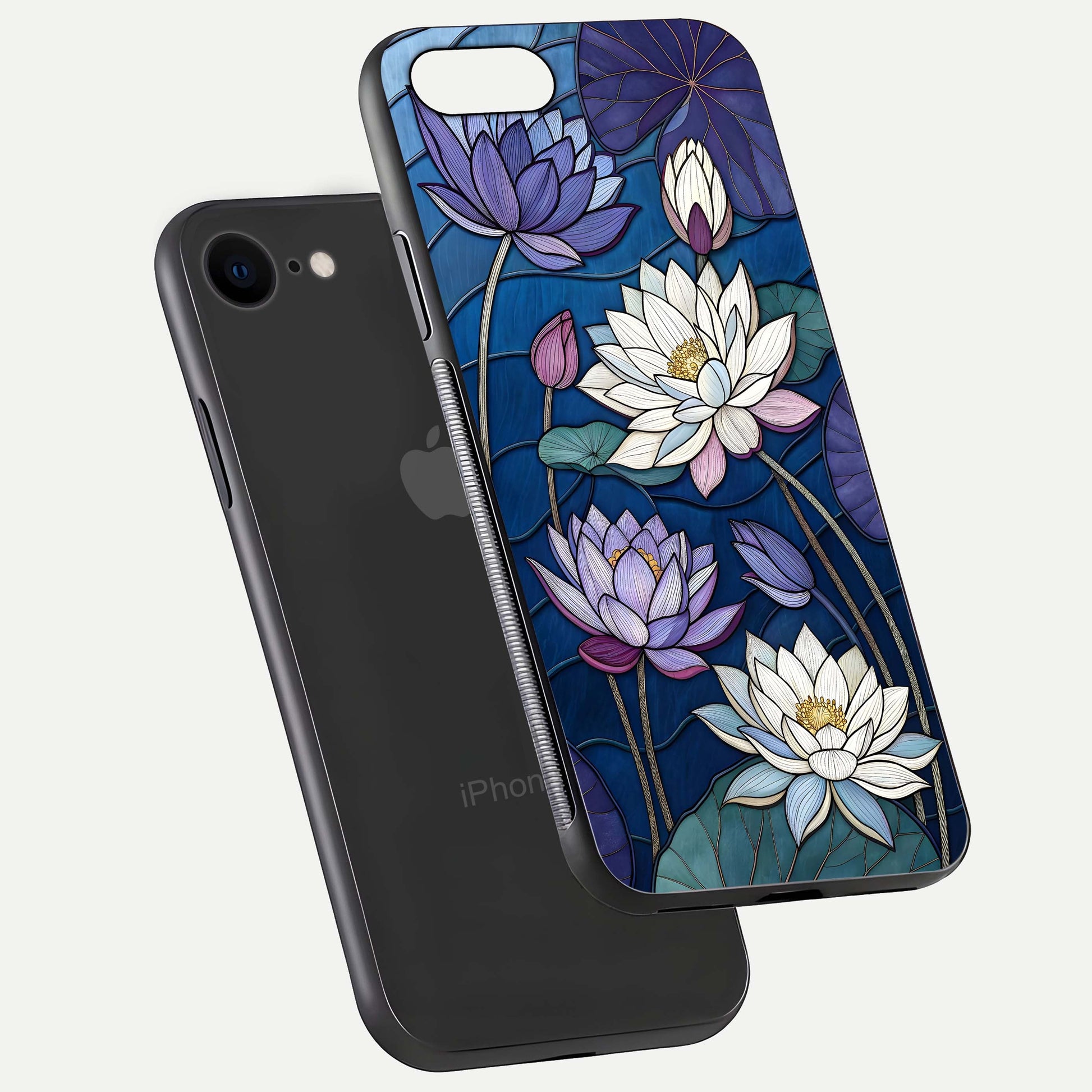 Purple Lotus Stained Glass Case for iPhone 7 floating dual-view mockup displaying color depth and glass clarity