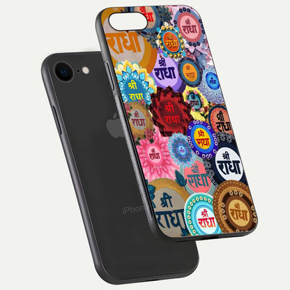 Radha Divine Bloom Glass Case for iPhone 7 floating dual-view mockup showing gloss depth and HD art