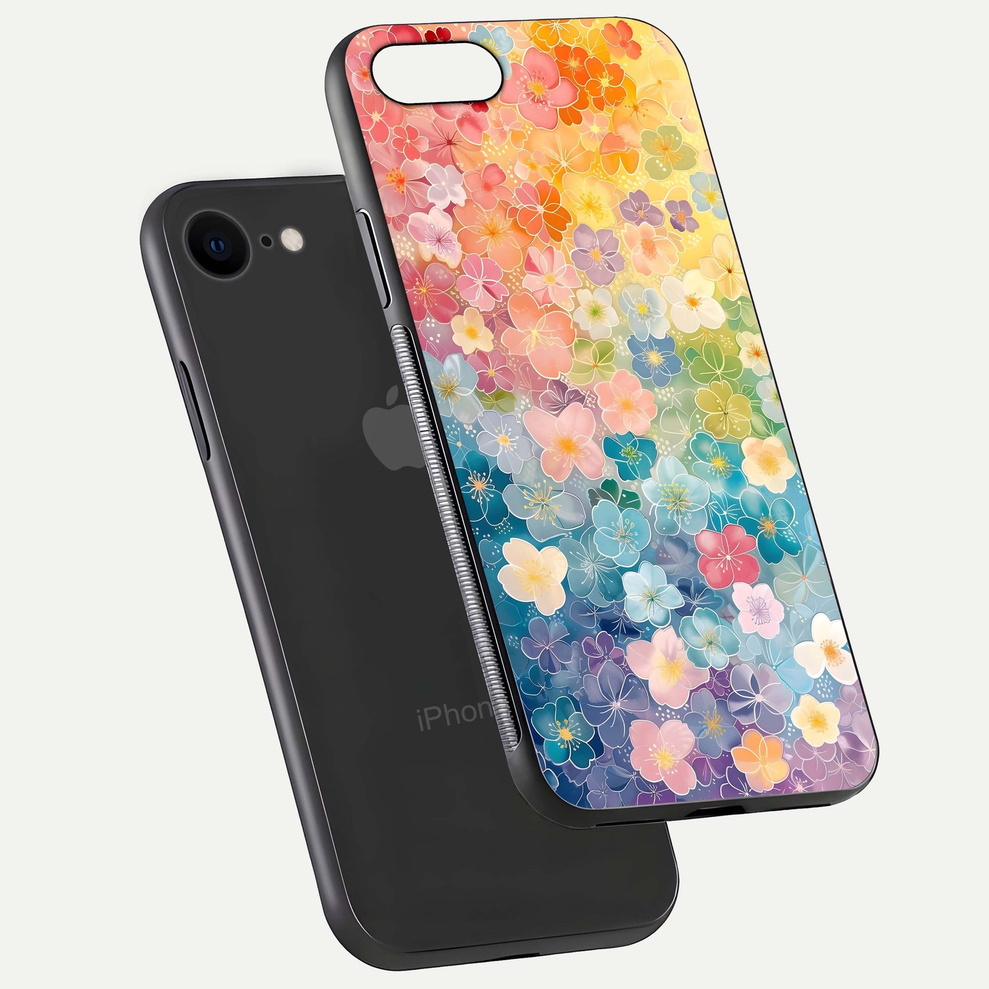 Rainbow Blossom Burst Glass Case for iPhone 7 floating dual-view mockup displaying gloss and gradient pattern