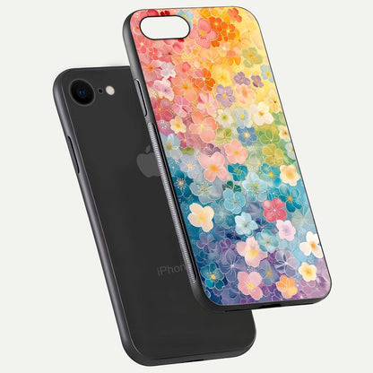 Rainbow Blossom Burst Glass Case for iPhone 7 floating dual-view mockup displaying gloss and gradient pattern