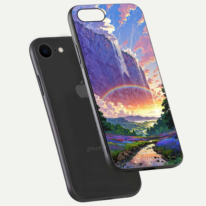 Rainbow Valley Dream Glass Case for iPhone 16 Pro floating dual-view mockup showing gloss texture and dream vibe
