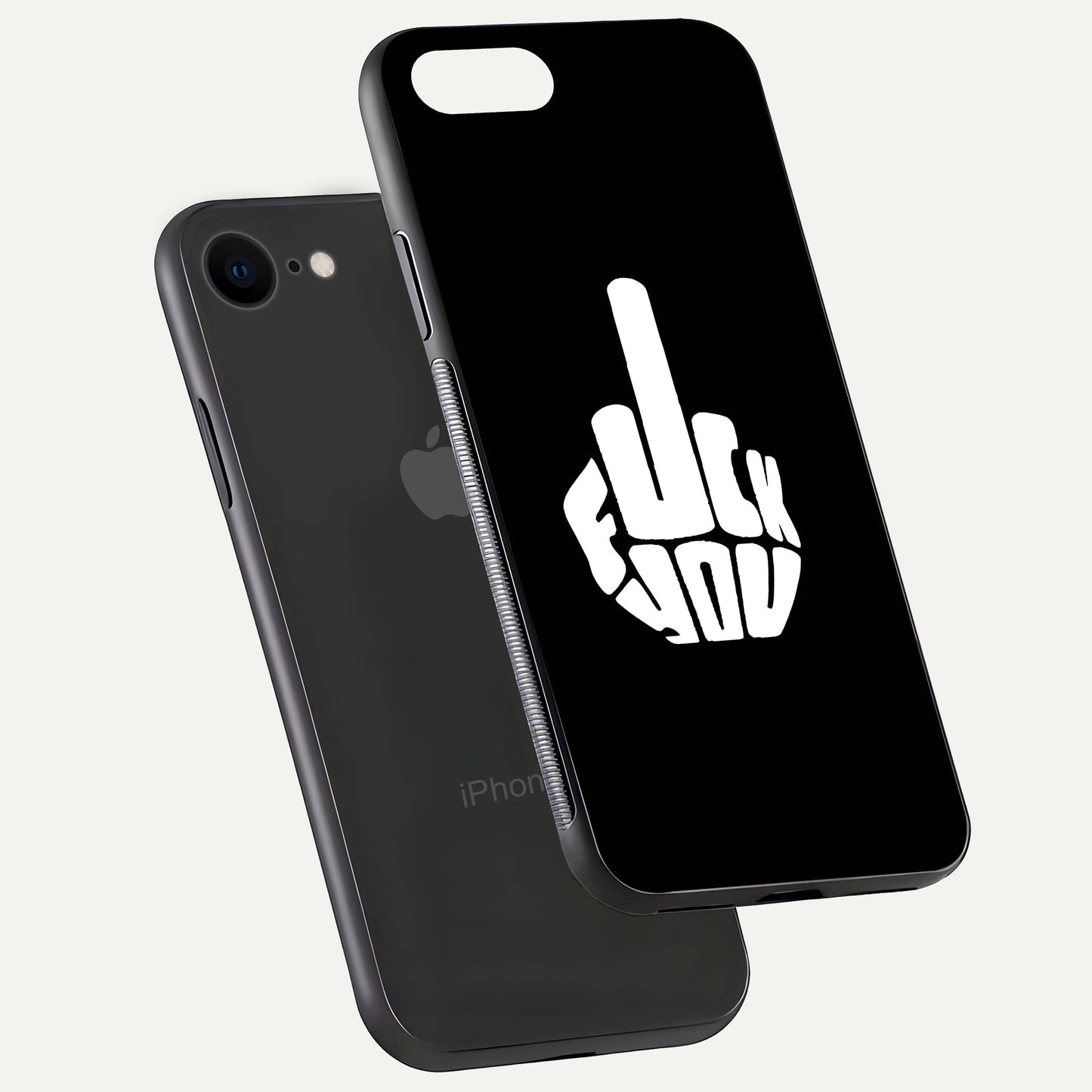 Rebel Mode On Glass Case for iPhone 7 floating dual-view mockup displaying gloss shine and statement art