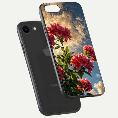 Red Bloom Skies Glass Case for iPhone 7 floating dual-view mockup showing glass gloss and floral pattern