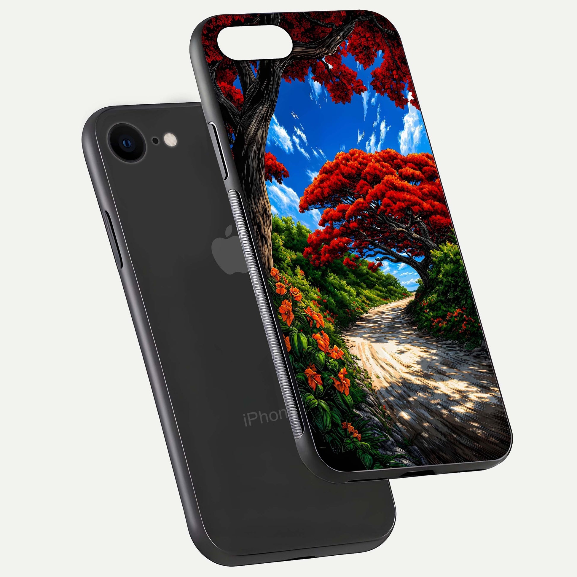 Red Trees Pathway Glass Case for iPhone 7 floating dual-view mockup displaying gloss texture and print depth
