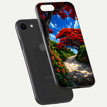 Red Trees Pathway Glass Case for iPhone 7 floating dual-view mockup displaying gloss texture and print depth