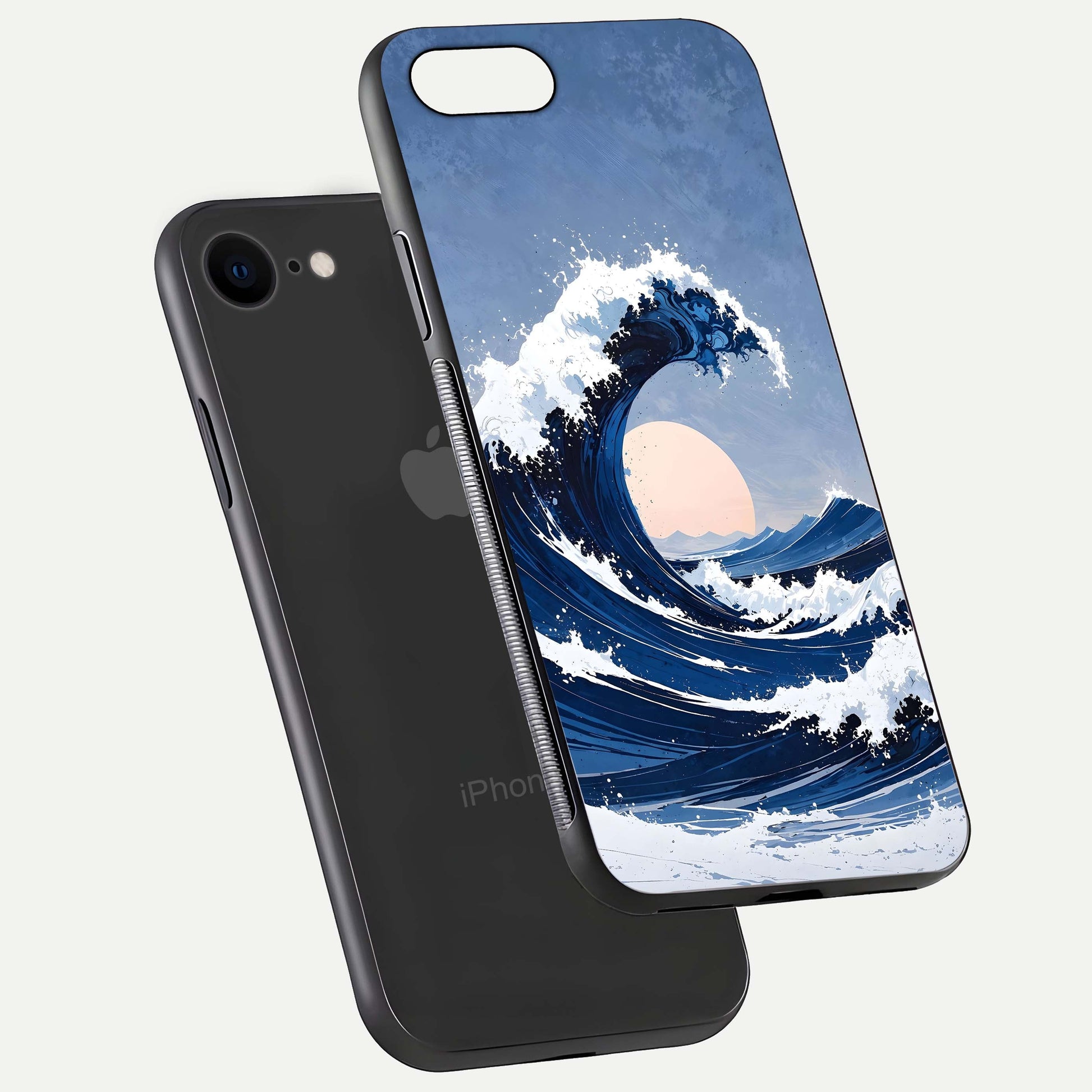 Rising Tide Power Glass Case for iPhone 7 floating dual-view mockup displaying gloss texture and flow pattern
