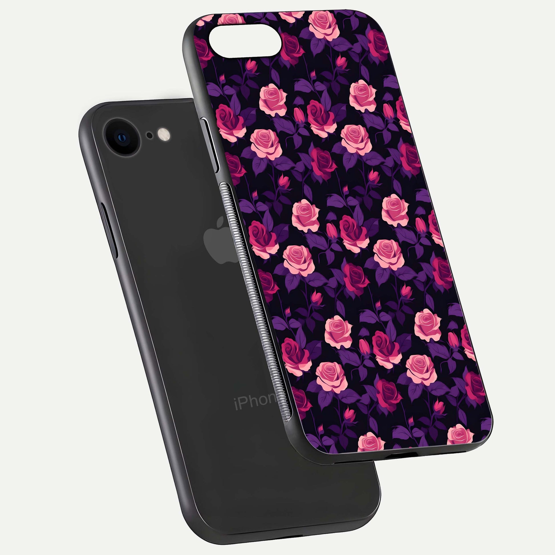 Rose Garden Twilight Glass Case for iPhone 7 floating dual-view mockup displaying gloss surface and depth