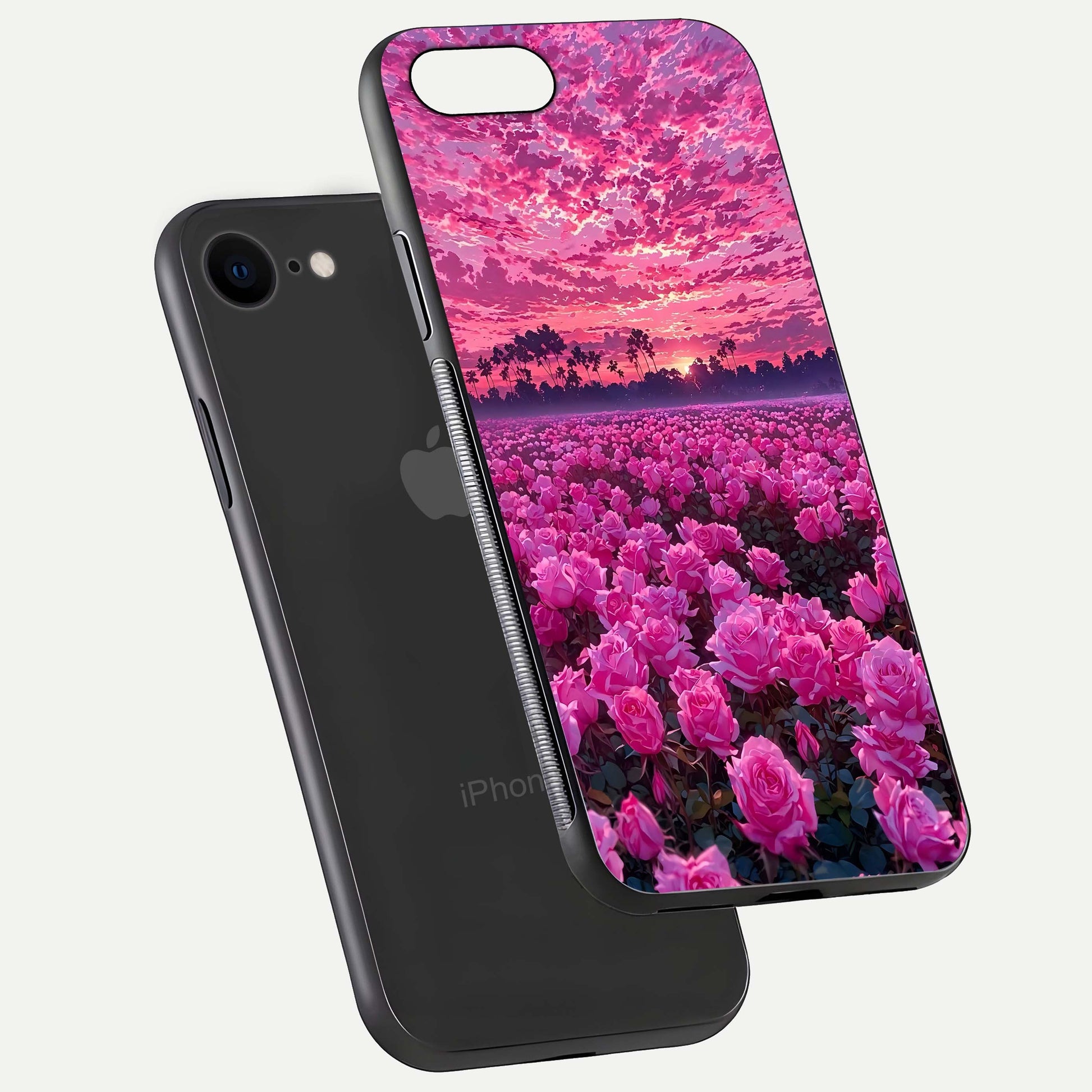 Rose Sunset Valley Glass Case for iPhone 7 floating dual-view mockup showing gloss reflection and art depth