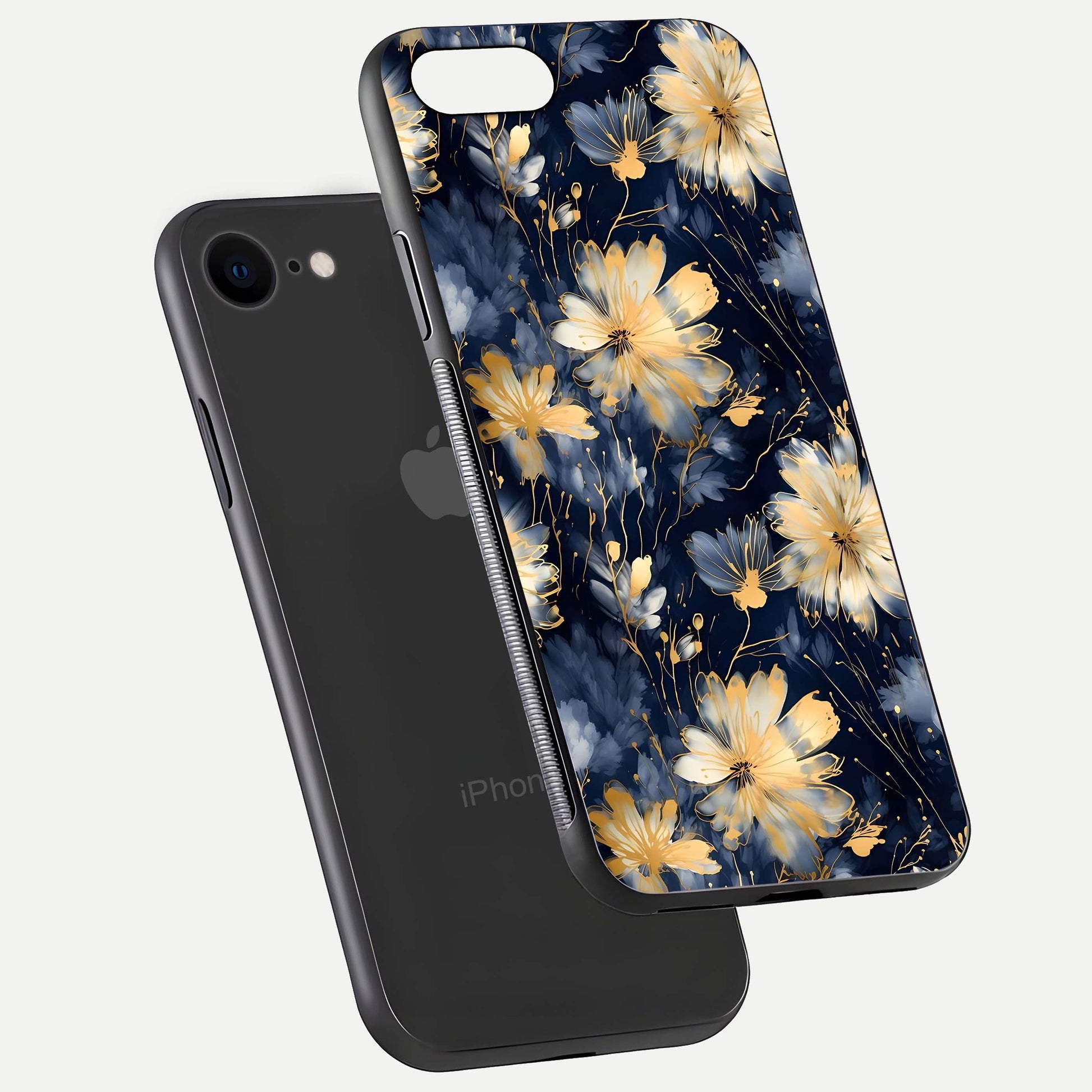 Royal Petal Dream Glass Case for iPhone 7 floating dual-view mockup displaying gloss reflection and tone contrast