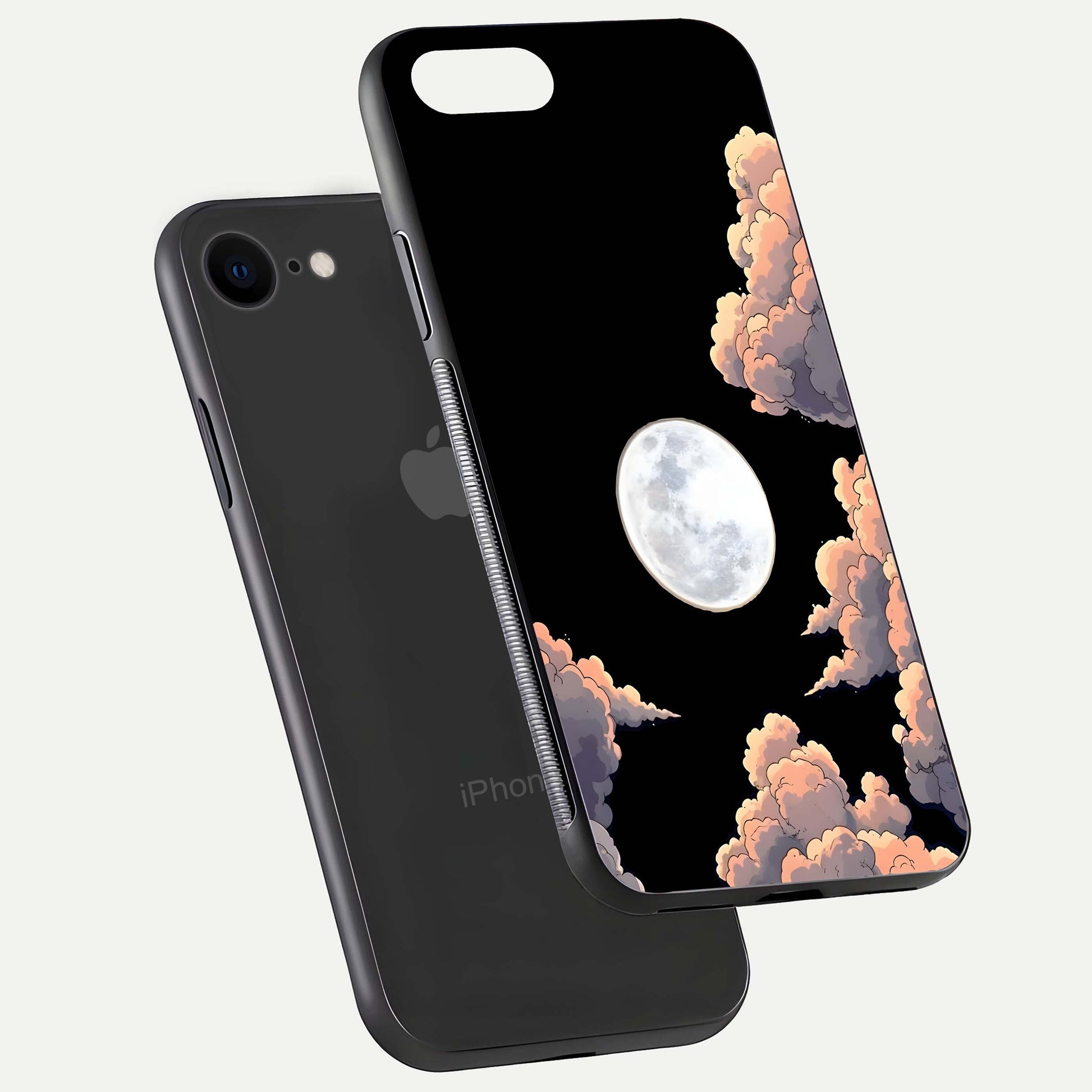 Shade Cloud Moon Glass Case for iPhone 7 floating dual-view mockup showing gloss and celestial texture