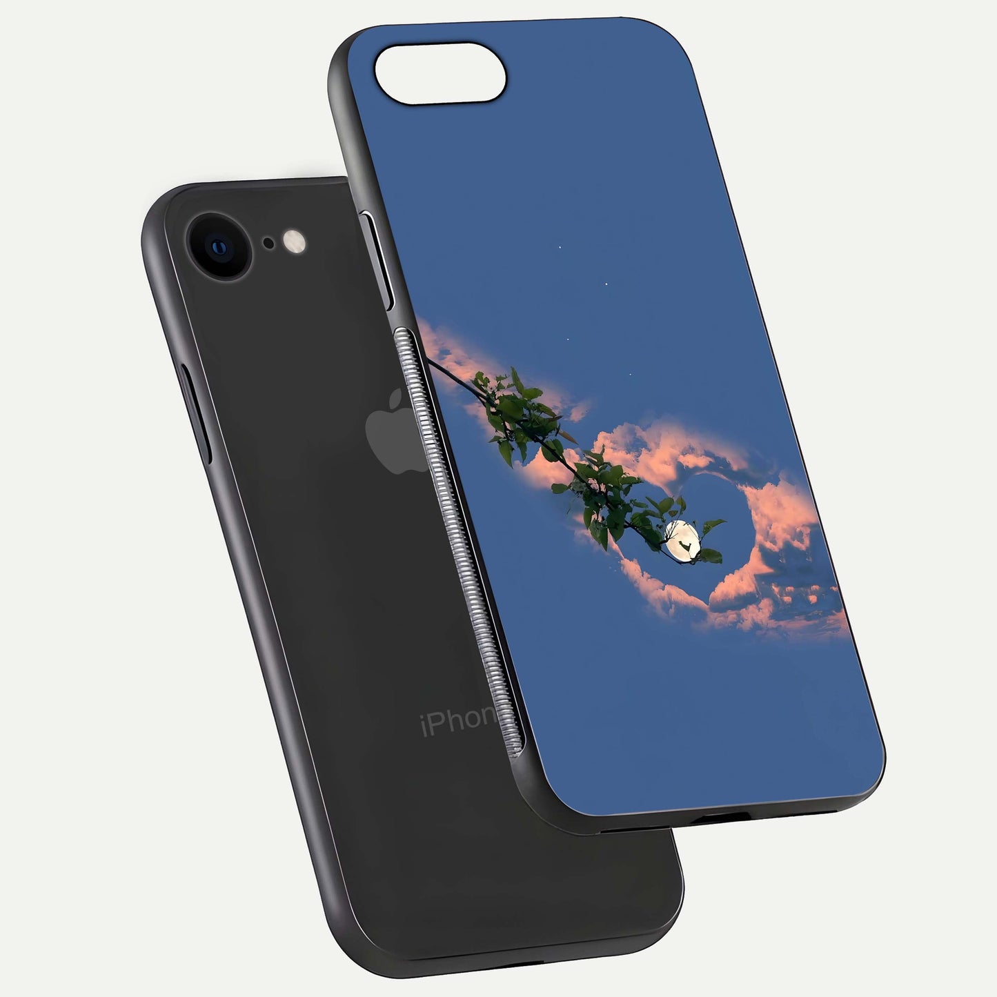 Sky Under Tree Glass Case for iPhone 7 floating dual-view mockup displaying gloss reflection and landscape tone