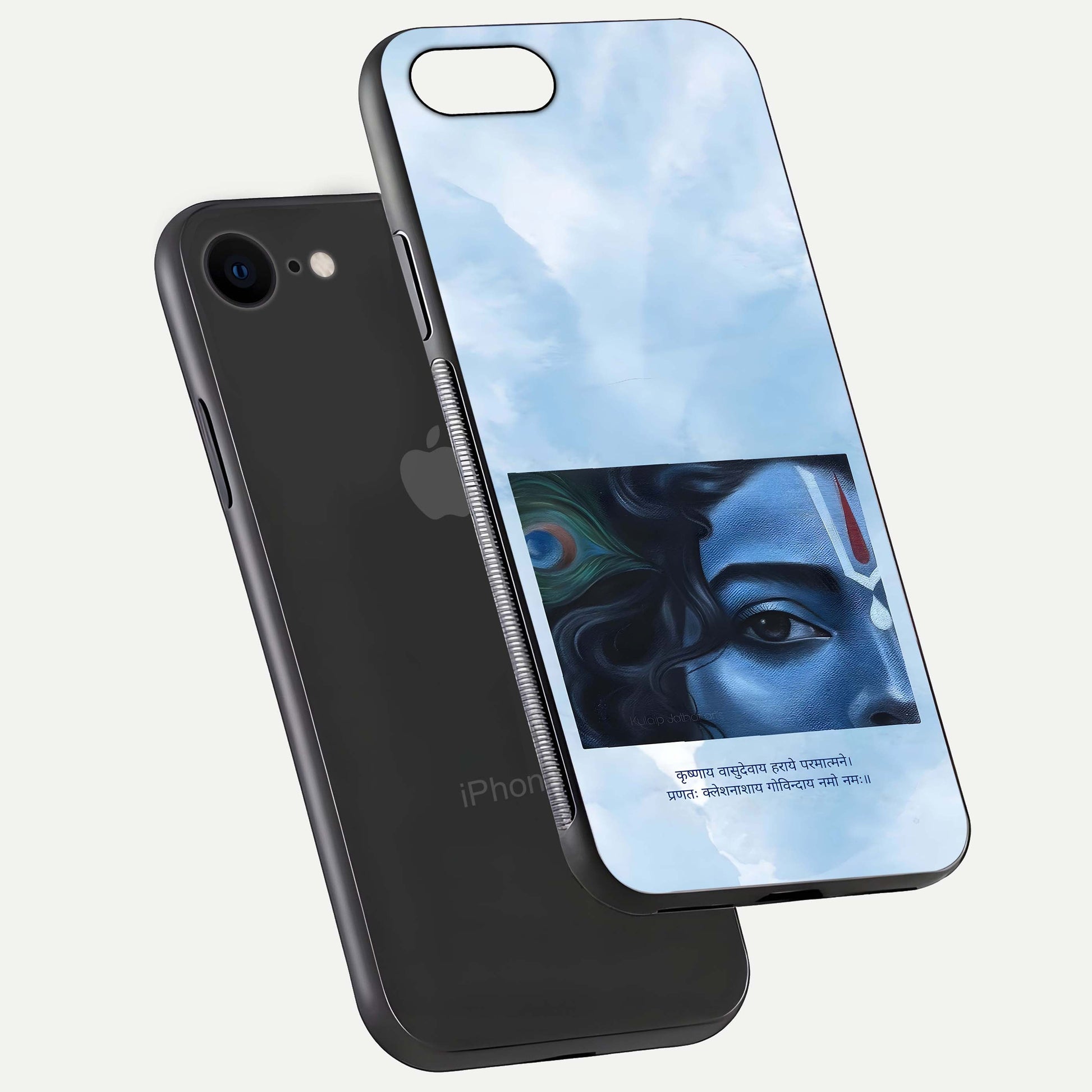 Spiritual Krishna Glass Case for iPhone 16 Pro floating dual-view mockup displaying gloss shine and divine detail
