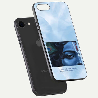 Spiritual Krishna Glass Case for iPhone 16 Pro floating dual-view mockup displaying gloss shine and divine detail