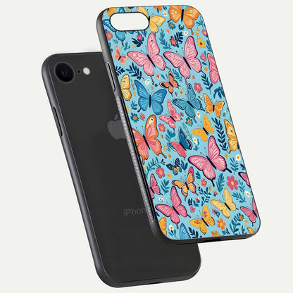 Spring Wing Garden Glass Case for iPhone 7 floating dual-view mockup showing gloss texture and vivid print