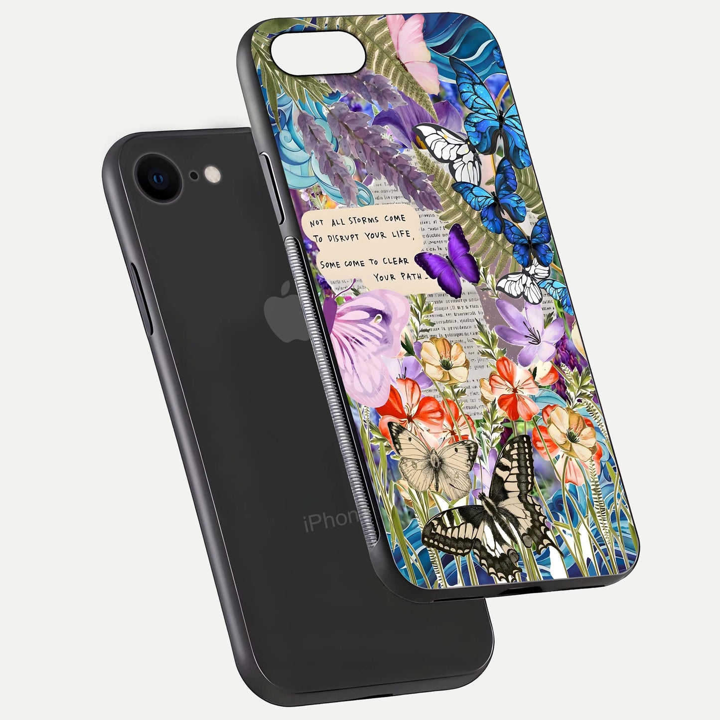 Storm Path Bloom Glass Case for iPhone 7 floating dual-view mockup displaying gloss and pattern depth