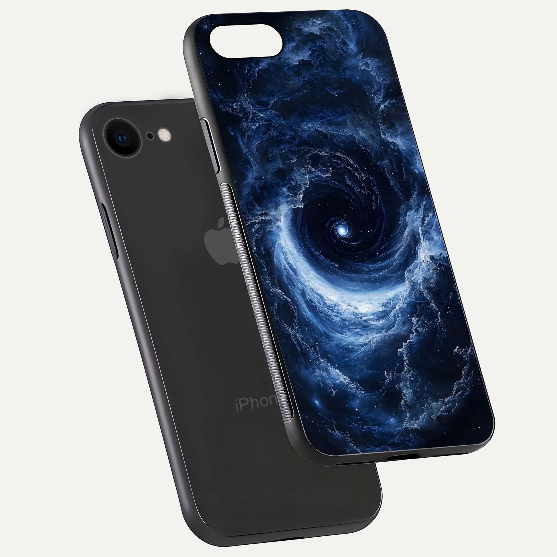 Stunning Galaxy Glass Case for iPhone 7 floating dual-view mockup displaying gloss shine and vivid print depth