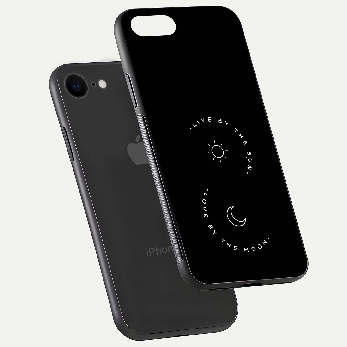 Sun Moon Balance Glass Case for iPhone 7 floating dual-view mockup displaying gloss surface and edge clarity