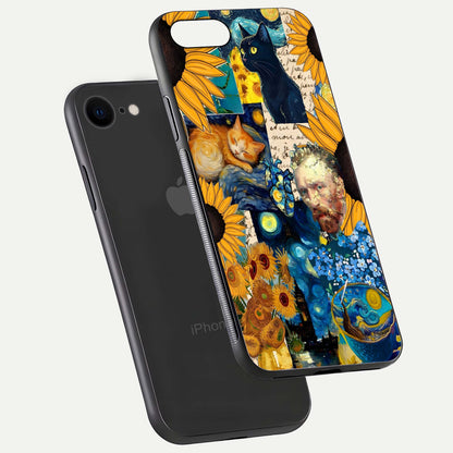 Sunflower Cat Art Glass Case for iPhone 7 floating dual-view mockup displaying gloss shine and HD art print