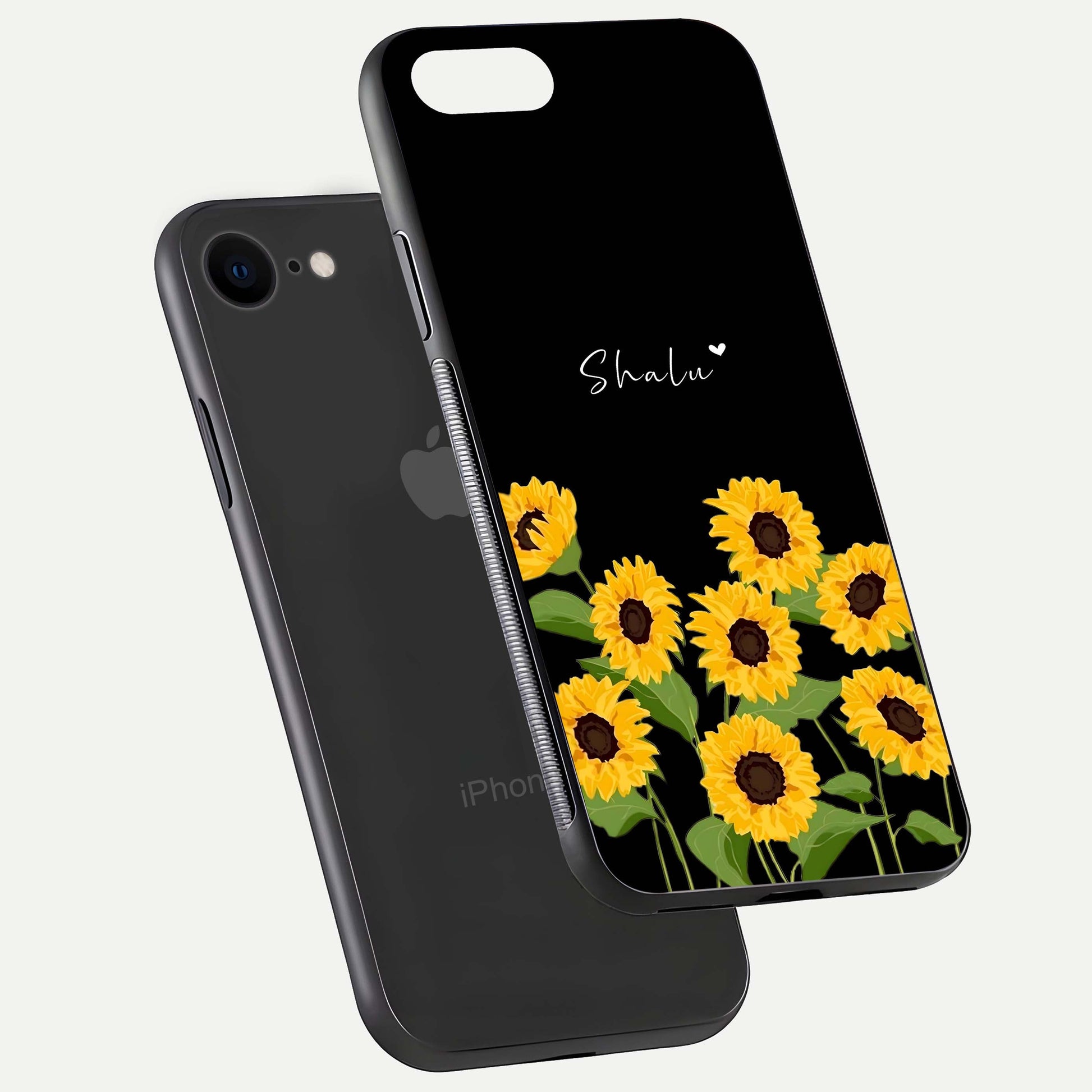 Sunflower Chic Mood Custom Name Glass Case for iPhone 16 Pro floating dual-view mockup displaying gloss texture and detail
