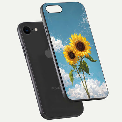 Sunflower Sky Bloom Glass Case for iPhone 7 floating dual-view mockup displaying gloss shine and vibrant texture