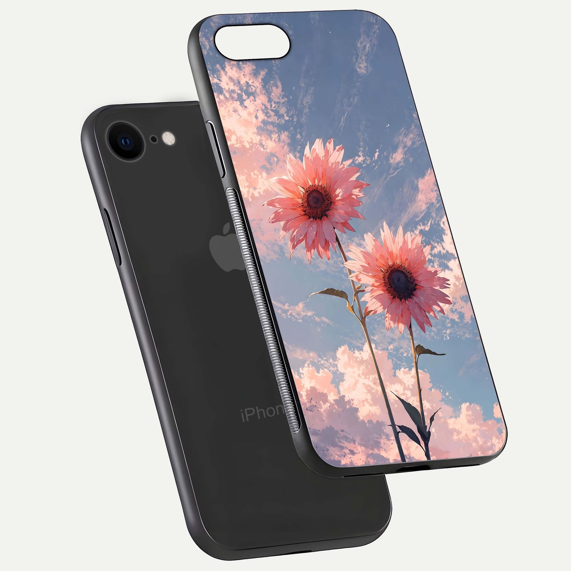 Sunlit Daisy Glow Glass Case for iPhone 7 floating dual-view mockup displaying gloss finish and HD print