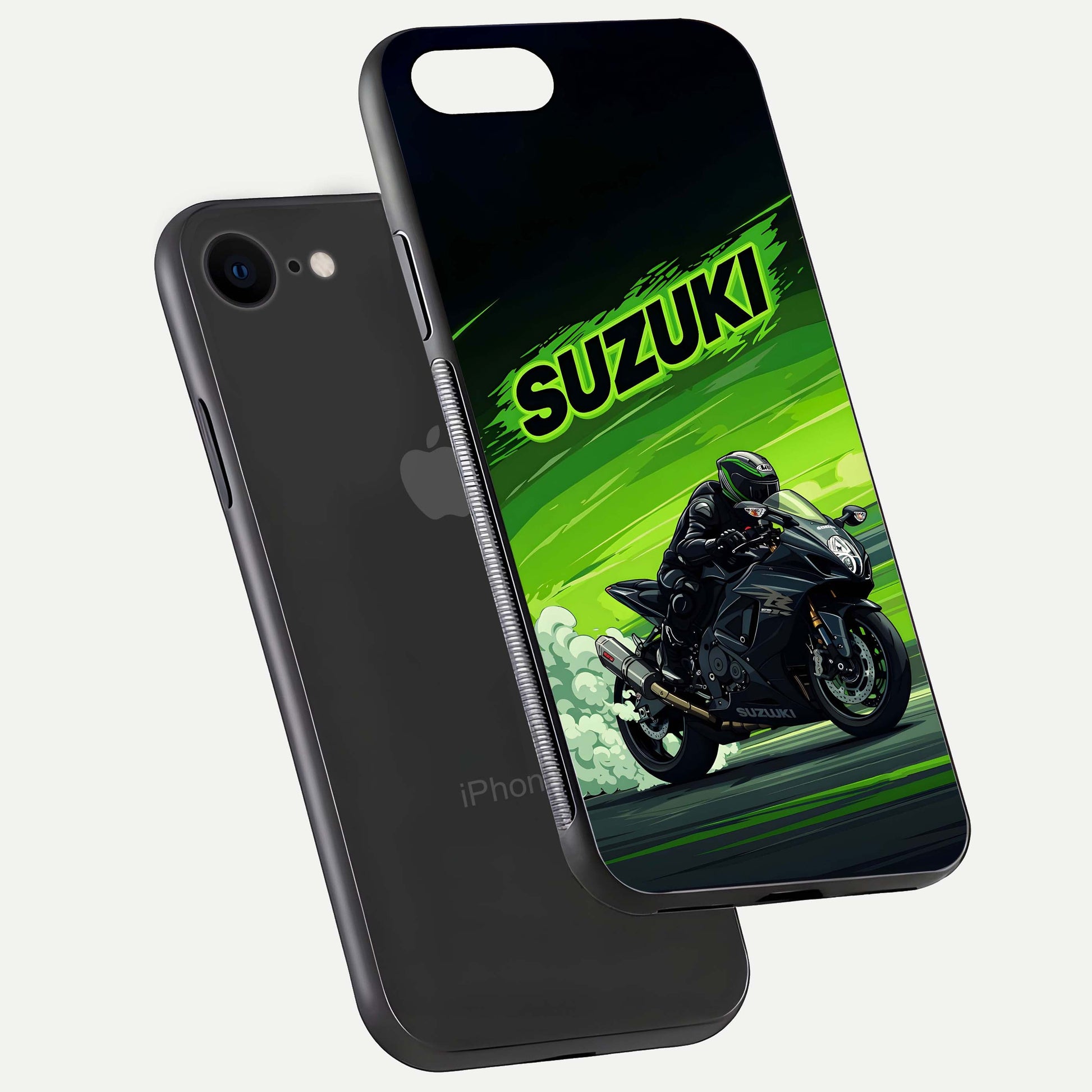 Suzuki Speed Beast Glass Case for iPhone 7 floating dual-view mockup displaying gloss texture and shine