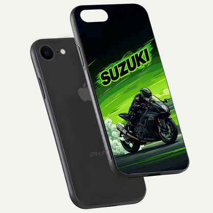 Suzuki Speed Beast Glass Case for iPhone 7 floating dual-view mockup displaying gloss texture and shine