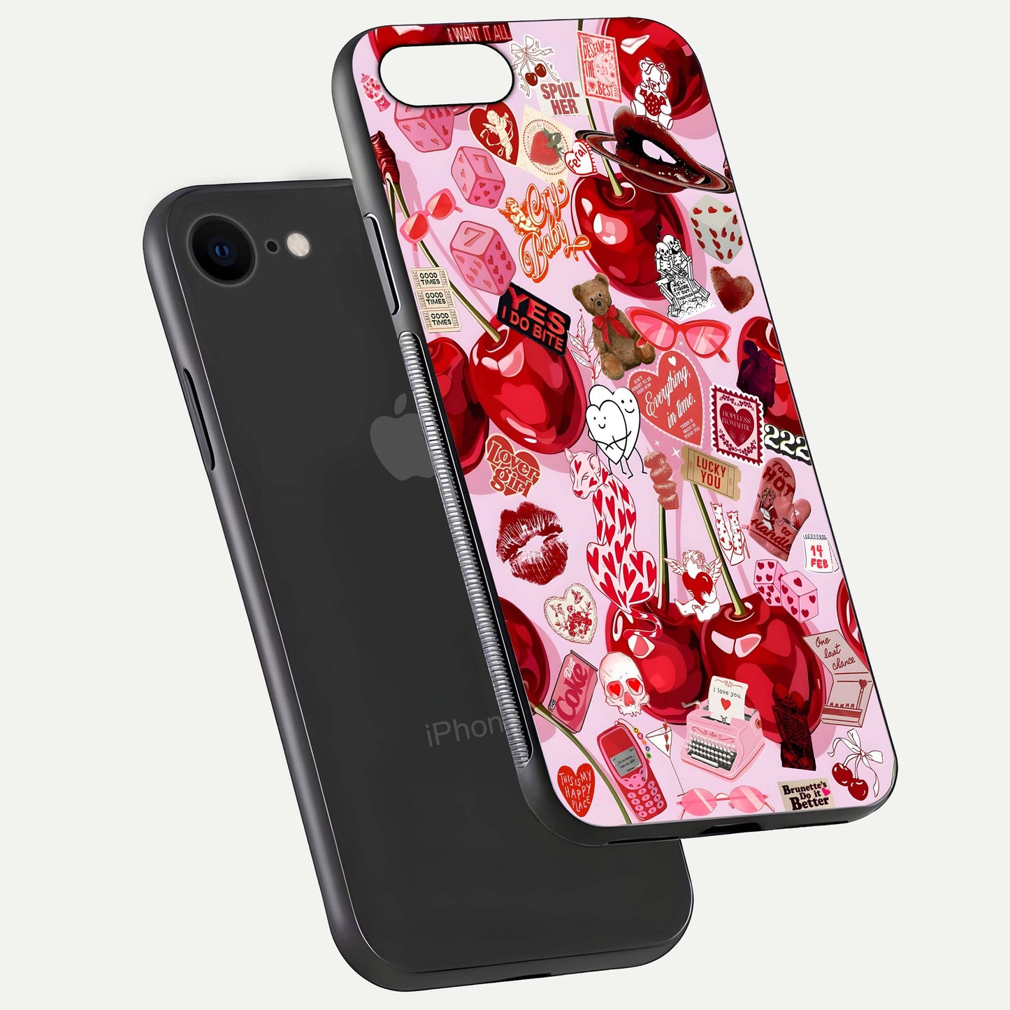 Sweet Cherry Chaos Glass Case for iPhone 7 floating dual-view mockup displaying gloss surface and depth