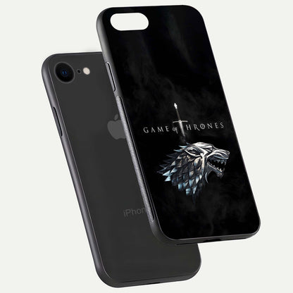 Throne Wolf Legacy Glass Case for iPhone 7 floating dual-view mockup displaying gloss depth and wolf artwork